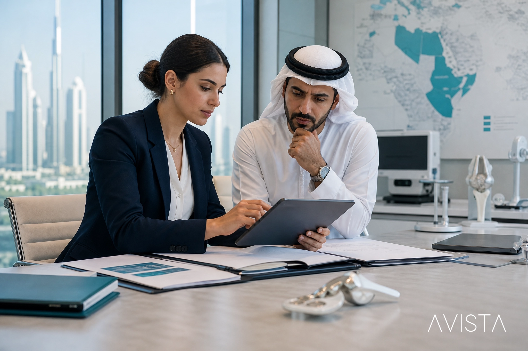 Compliance officers reviewing transparent financial documentation for medical device distribution