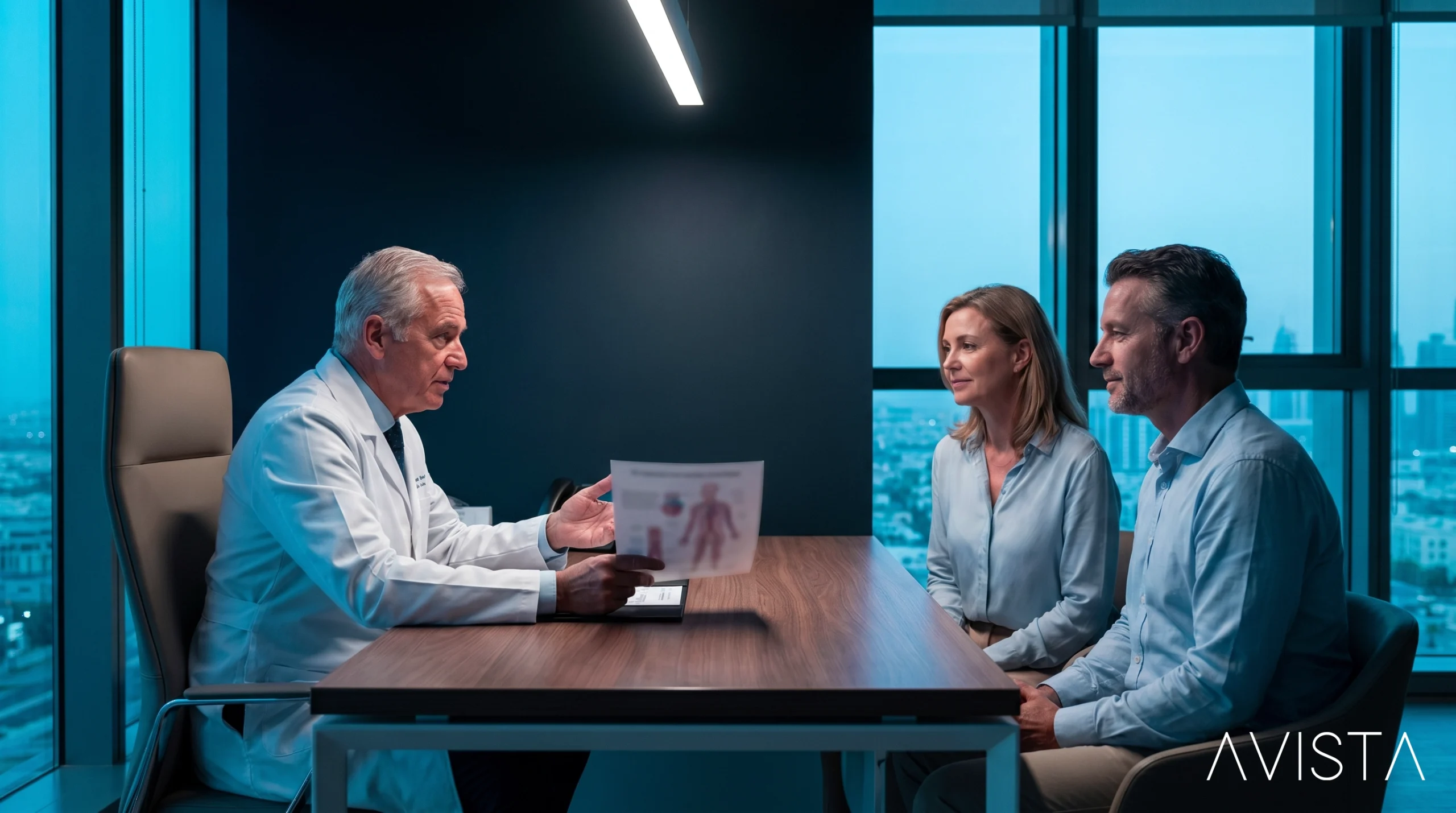 Patient and vascular specialist reviewing follow-up imaging after AAA treatment
