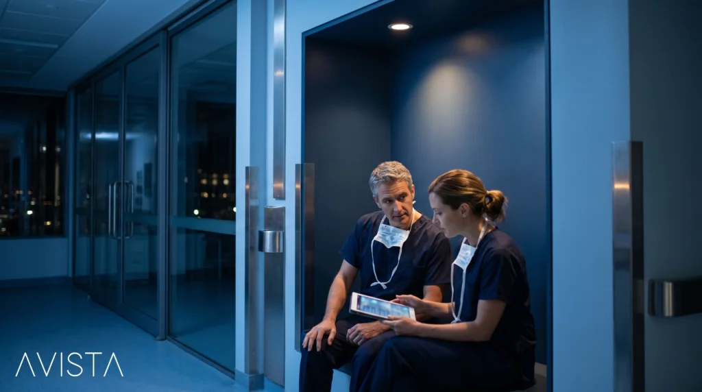 Clinical specialist and surgeon in
post-case debrief, reviewing
procedure notes on tablet